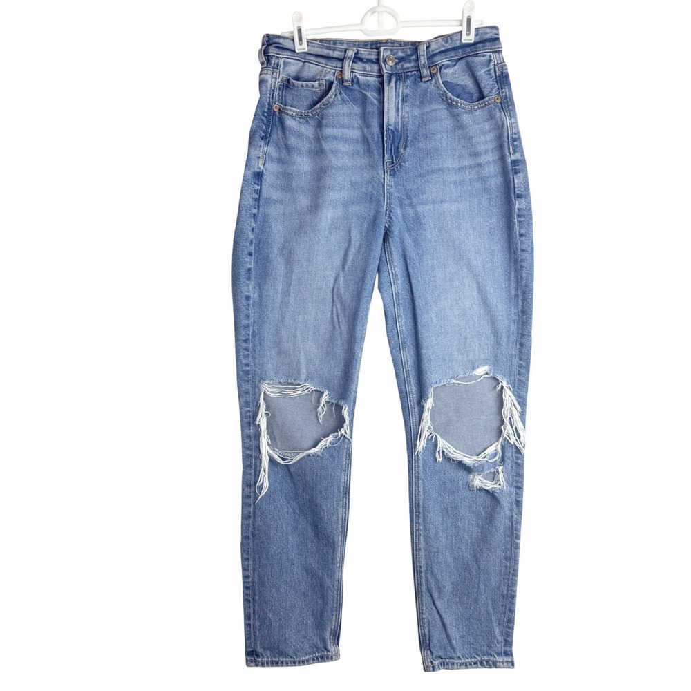 American Eagle Womens Strigid Mom Jeans Blue Distressed High Rise Size 4 Regular